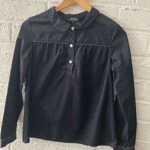 A.P.C black 100% cotton blouse with black and white piping French girl chic
